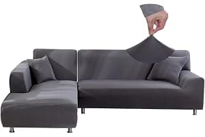 Jaotto Fundas para Sofás Chaise Longue Elásticas,Cubre Fundas de Sofá Cheslong Brazo Largo Derecho Ajustables de Forma L Extraíbles Lavables,Fundas Protectora para Sofa(2 Plazas+3 Plazas,Gris)