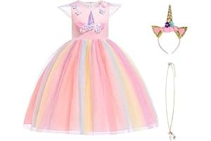 URAQT Disfraz Unicornio Niña, 3pcs Vestido Princesa con Diadema y Collar para Diario, Cosplay, Halloween, Carnaval, Fiesta, Boda, Cumpleaños