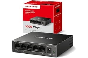 Mercusys MS105GS-Switch Ethernet Gigabit de 5 Puertos RJ45, Carcasa Metálica Resistente, Plug & Play, Sin Configuración, Bajo Consumo, Silencioso, Hub Ethernet, Ideal para Hogar, Oficina y Smart TV