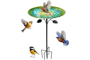 Bebedero para pájaros de pie, 85 cm, resistente al invierno, para pájaros, con base fuerte de 5 puntas, baño grande de hierro fundido para pájaros, jardín, resistente a las heladas, retro, verde
