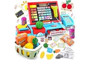 JOTOL Caja Registradora Juguetes para Niños,Caja Registradora de Caja de Juguete,Electrónica Registradora con Escáner,Micrófono,Comida Juguetes,Tienda Supermercado Regalo para Niñas Niños 3+Años