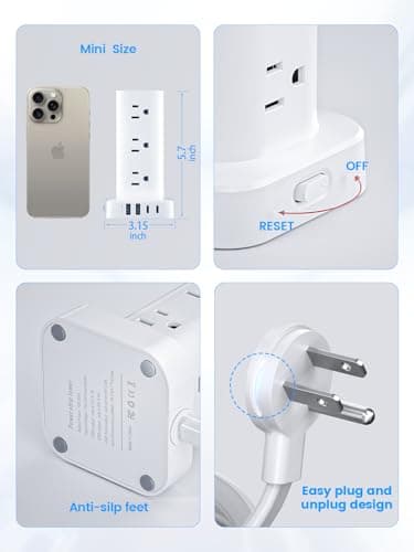 Tower Power Strips with Surge Protection, 6FT Flat Extension Cord with Multiple Outlets, 12 AC 4 USB Ports, Overload Protection Charging Station for Office Home Dorm Room Travel (White) — view 5