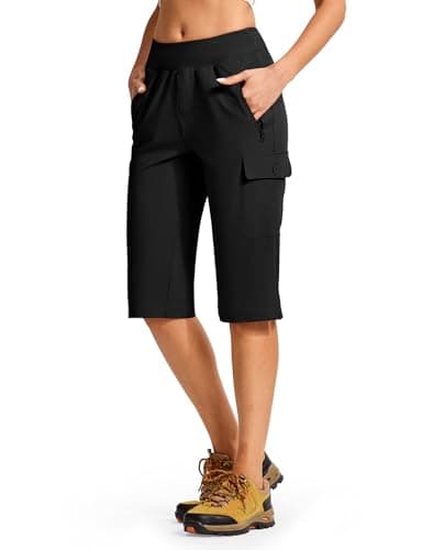 Rdruko Women's Hiking Shorts Knee Length Quick Dry Stretch Bermuda Summer Casual Long Short Capris with Pockets (Black,CA M)