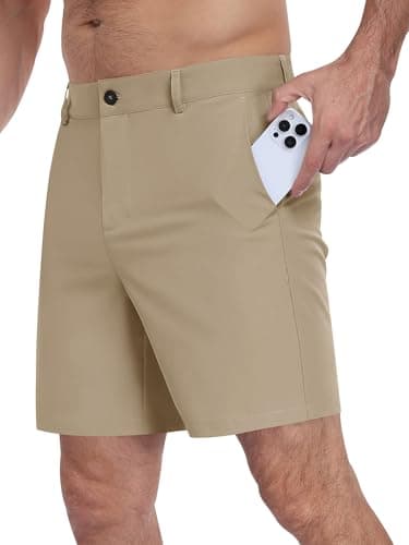 TUREFACE Men's 7 Inch Inseam Flat Front Quick Dry Shorts with 3 Pockets for Casual Active Days Light Khaki Large