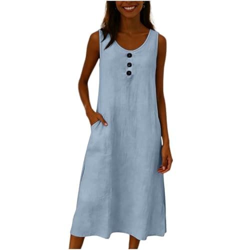 Frostluinai Sun Dresses Women Trendy 2026 Linen Midi Dresses for Women Summer Solid Boho Beach Dress Crew Neck Sleeveless Sundresses with Pockets Light Blue