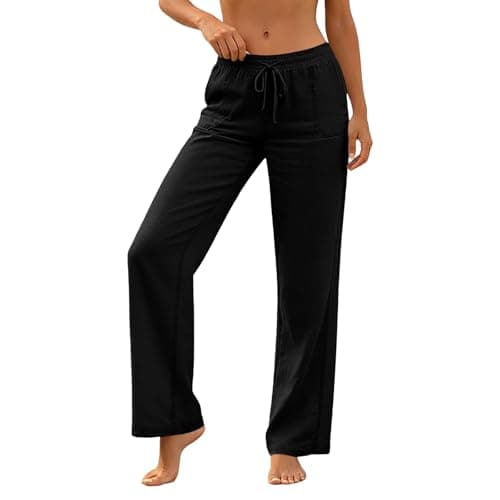Linen Pants for Women Summer Straight Leg Loose Casual Pants Lightweight Comfy Drawstring Trousers with Pockets Black
