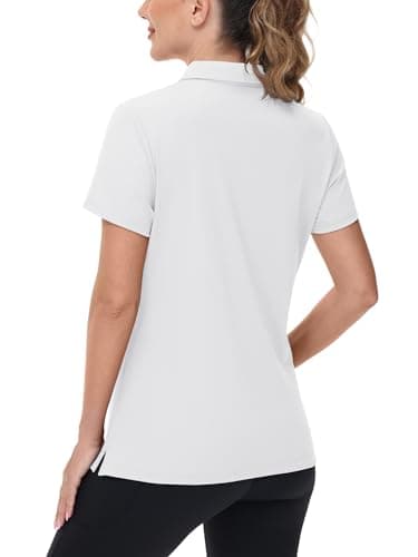 TACVASEN White Golf Shirt Womens Sun Protection Polo Shirt UPF 50+ Short Sleeve V Neck Shirt Dry Fit Collared Shirt for Work, M