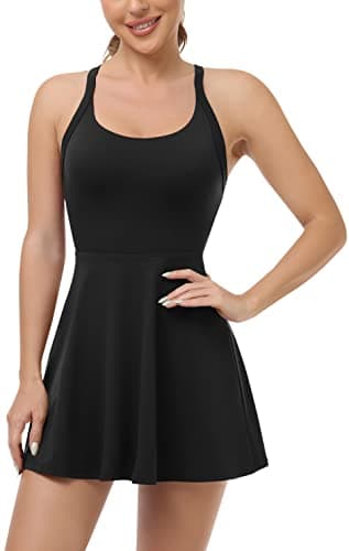 Womens Workout Tennis Dress with Built in Shorts and Bra Athletic Golf Activewear for Exercise, Black, Large