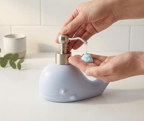 NEWHENGS Cute Whale Shape Soap/Hand Sanitizer Metal Pump Dispenser, Refillable for Bathroom Accessories, Gifts for Kids (Matt Blue) — view 5