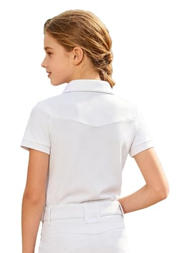 zdhoor Kids Girls Quick Dry Horse Riding Shirt Short Sleeve Equestrian T-Shirt Turn Down Collar Half Zip Riding Top White 14 Years