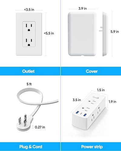 Olcorife Flat Extension Cord with Outlet Cover, Flat Plug Power Strip with 6 Outlets and 3 USB Ports, 5 FT Cord Hidden Outlet Extender for Tight Spaces — view 5