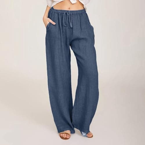 Cotton Linen Pants for Women Summer Drawstring Wide Leg Trousers High Waist Casual Palazzo Pants with Pockets