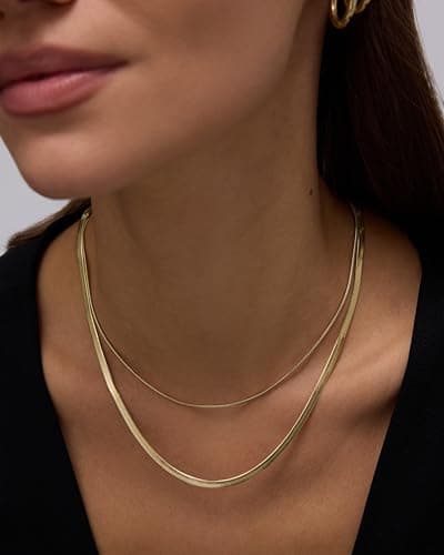 PAVOI Waterproof Thin Herringbone Chain Necklace for Women - 14K Yellow Gold Plated Adjustable Dainty Gold Necklace Chain Stainless Steel - Trendy Fashion Jewelry