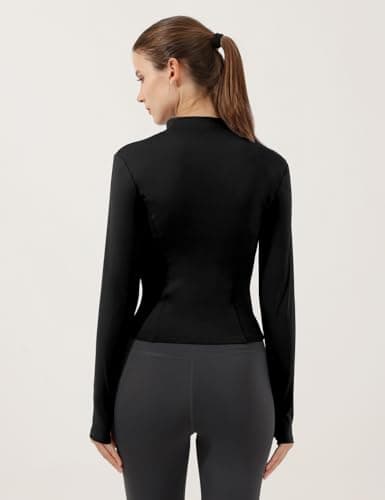 Locachy Women's Lightweight Stretchy Workout Full Zip Running Track Jacket with Thumb Holes, Black, Medium
