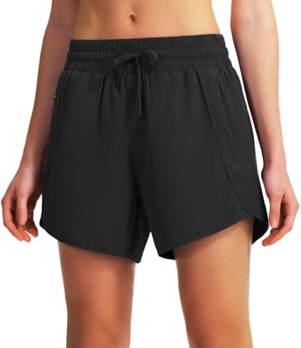 Ksmien Women's 5"/ 7" Athletic Running Shorts Quick Dry Lightweight Workout Gym Shorts with Zipper Pockets UPF 50+ Black L — view 3