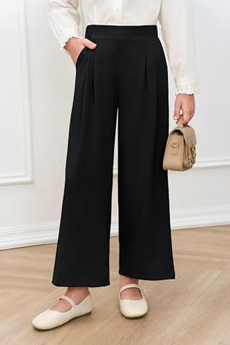 Haloumoning Girls High Waisted Uniform Pants Kids Wide Leg Dress Pants Casual Trousers with Pockets 5-14 Years, Black, 9-10 Years