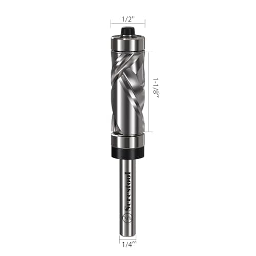 Serestool Top and Bottom Bearing Flush Trim Router Bit 1/4 Shank, 1/2" Cutting Diameter, 1-1/8" Cutting Length, Up&Down Compression Cut, Carbide Spiral Pattern Template Bit for Wood Trimming