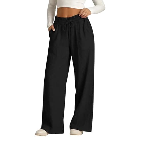 Rseomihvy Women's Cotton Linen Pants Summer Straight Wide Leg Trousers Drawstring Elastic Waist Loose Beach Vacation Outfits Black