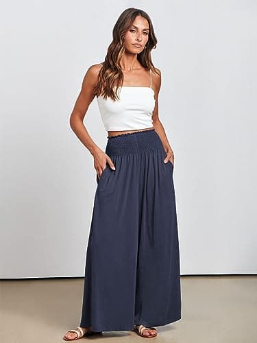 ANRABESS Women Palazzo Pants Summer Boho Bagyy Wide Leg High Smocked Waist Casual Loose Lounge Pant with Pocket Deep Blue Medium — view 2