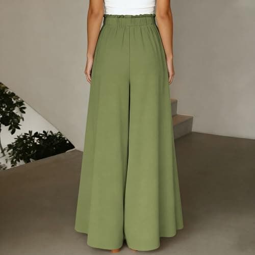 Palazzo Pants Women Summer Elastic High Waisted Wide Leg Flowy Pants for Beach Vacation Comfy Trousers with Pockets Green