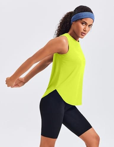 PINSPARK Women's Workout Tank Tops Back Pleat Loose Fit Sleeveless Yoga Athletic Shirts Soft UPF 50+ Cooling Running Gym Tops, Neon Yellow, Medium