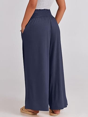 ANRABESS Women Palazzo Pants Summer Boho Bagyy Wide Leg High Smocked Waist Casual Loose Lounge Pant with Pocket Deep Blue Medium — view 5