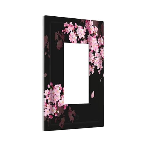 Cherry Blossom Pink Floral Blooming Flower Spring 1 Gang Light Switch Plate Single Rocker Wall Plate Cover Decorative Black Aesthetic Electrical GFCI Switchplate Faceplate for Home Decor
