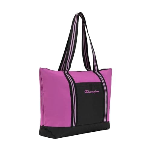 Champion Women's Varsity Tote Bag with Zip Closure and Interior Mesh Pockets for Work, Travel, Daily Use, Our Favorite Fuchsia, One Size