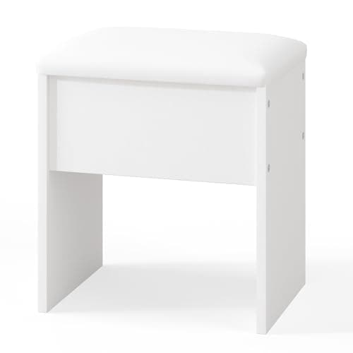 LIVELYGLOW Small Makeup Vanity Stool,15.7" W x 10.2" D x 16.7" H，White（Easy Assembly,PU Cushion Mat, Footstool）