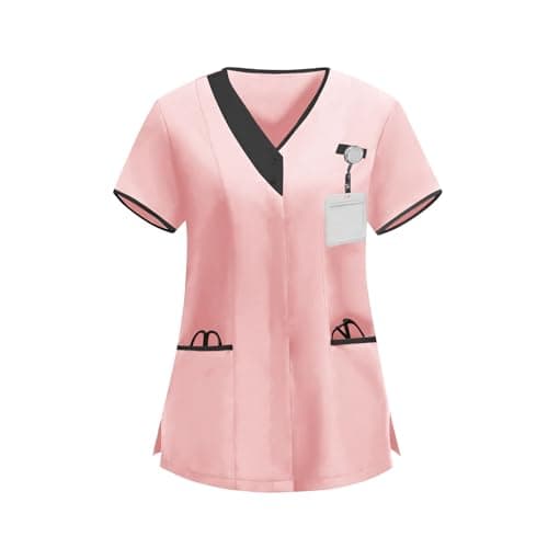 Women's V-Neck Scrub Top with Pockets Stretch Loose Casual Short Sleeve Work Blouse Nurse Uniforms Medical Scrubs Shirt
