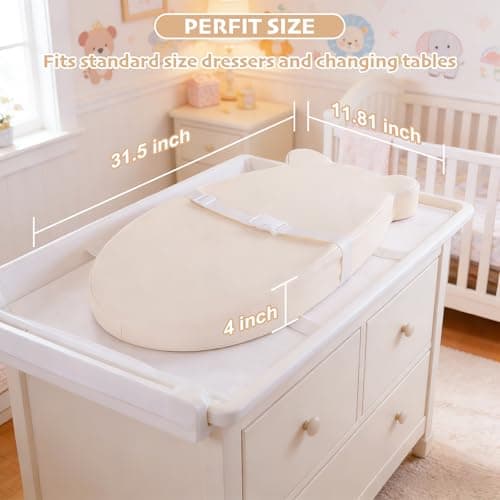 Baby Changing Pad, Waterproof & Wipeable Soft Diaper Changing Mat with PU Cover, Contoured Baby Changing Pad for Dresser & Table, with Non-Slip Safety Belt, Portable & Lightweight,Large Cushioned Foam — view 3