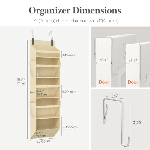 Lifewit 1 Pack Over the Door Organizer, Clear Window Hanging Storage with 4 Side Pockets, Anti Tilt 40 lbs Load Behind Door for Pantry, Nursery, Bathroom, Bedroom, Dorm, 5 Section, Beige