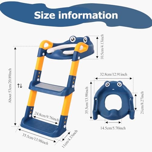 Toddler Toilet Seat with Step Stool, Foldable Potty Training Toddler Toilet Seat and Steps with Adjustable Height PVC Soft Cushion for Toddlers Boys Girls (03 Bule)