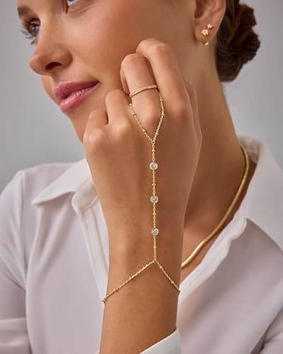 PAVOI 14K Yellow Gold Plated Satellite Beaded Hand Chain for Women with Cubic Zirconia | Body Chain Jewelry — view 2