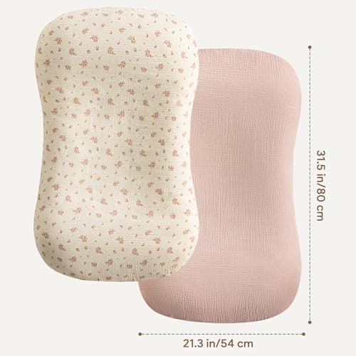 habibee Muslin Baby Lounger Cover 2 Pack, Cotton Baby Lounger Pillow Cover for Newborn, Organic Infant Lounger Cover for Boys and Girls, Pink Blossom
