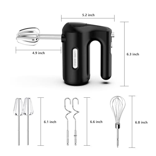 Lord Eagle 5-Speed Hand Mixer Electric, 300W Compact Handheld Mixer, Portable Kitchen Egg Beater with 5 Attachments & Storage Bag, Cake Supplies for Bread Dough Baking, Lightweight, Black — view 2