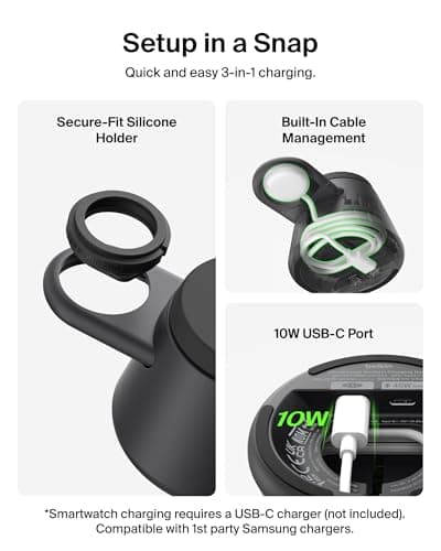 Belkin 3-in-1 Wireless Charging Station for Samsung Galaxy S26, Android - Qi2.2 25W Magnetic Charger for Pixel 10, iPhone 17, USB C Port for Galaxy, Pixel, & Apple Watch (Watch Charger Not Included) — view 2