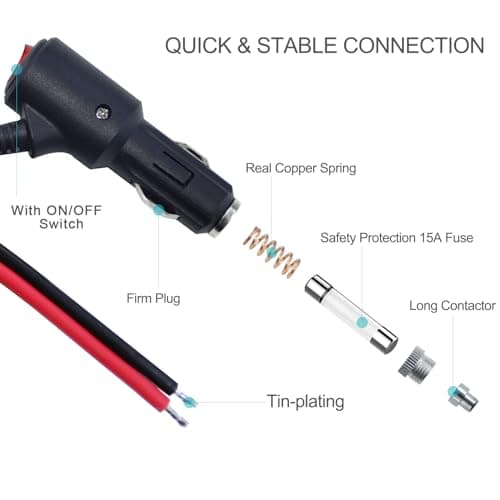 12Volt Replacement Cigarette Lighter Male Plug with On Off Switch - 1FT 12V Fused 15amp Cigarette Male Plug with 16gauge Leads, 12V DC Car Plug Replacement for Car Cooler,Cb Radio, Air Compressor — view 4