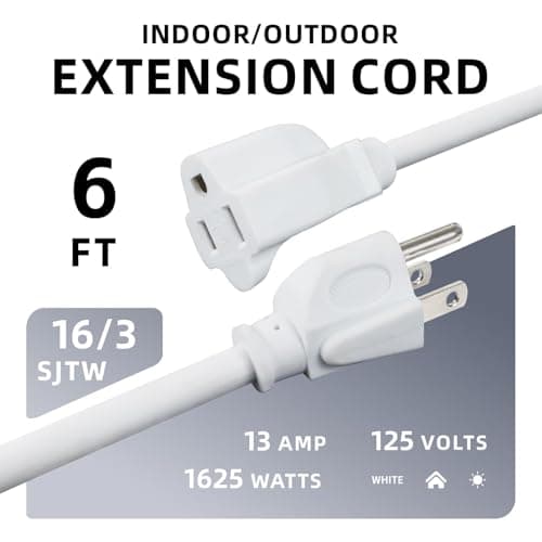 EP 6 Ft Outdoor Extension Cord - 16/3 SJTW Durable White Electrical Cable with 3 Prong Grounded Plug, UL Listed