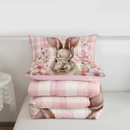 Feelyou Cute Rabbit Kids Comforter Set Twin Size Cartoon Bunny Bedding Set Flower Floral Duvet Quilt for Kids Boys Girls Bedroom Pink Plaid Decor Microfiber Ultra Soft Breathable