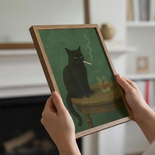 Funny Black Cat Wall Art Framed Vintage Moody Cat Canvas Prints Wall Decor Whimsical Cool Animal Paintings Pictures for Living Room Bedroom Bathroom Bar 8x10in — view 3
