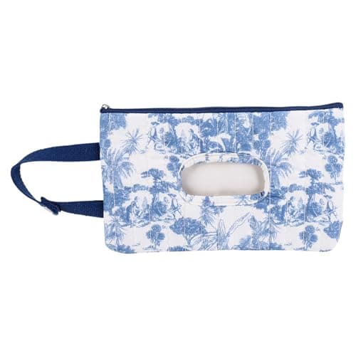 Quilted Baby Wipe Holder, Canvas Floral Quilted Pouch with Hanging Strap, Portable Diaper Wipe Holder for Travel Stroller-Grand Classical Blue