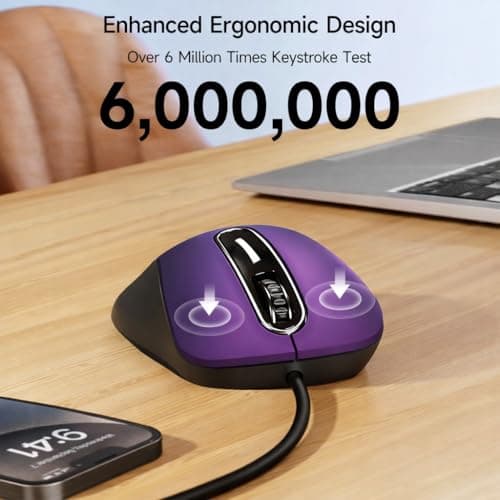 memzuoix Wired Mouse, USB Computer Mouse 1400 DPI Mobile Optical Mouse Ergonomic Design Computer Mice with 5FT Cord for Laptop, PC, Desktop, MacBook, 5 Buttons (Purple) — view 3