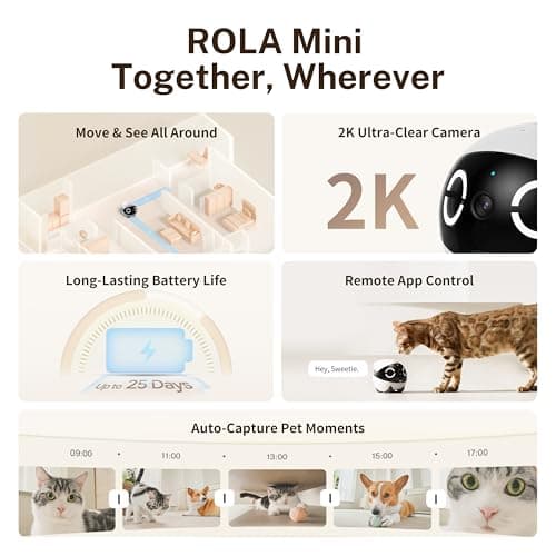 Enabot EBO ROLA Mini 2K Pet Camera Robot: Movable Indoor Camera Battery-Powered with Phone App, One-Touch Call, 2-Way Talk, IR Night Vision, Motion Detection, Video Recording