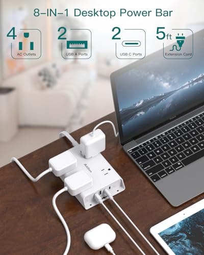 Addtam Power Bars with Surge Protector, 5FT Flat Extension Cord with Multiple Outlets, Power Strip with 4 USB Ports (2 USB C), 4 Wide Outlets Charging Station for Home Office Dorm Room Essentials