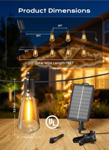 Brightown 76FT Solar String Lights Outdoor Waterproof, Patio Lights with Remote and 23+1 LED Shatterproof Bulbs, Dimmable & Timable, 3 Light Modes, Solar Lights Outdoor for Yard Camping Party Outside — view 5