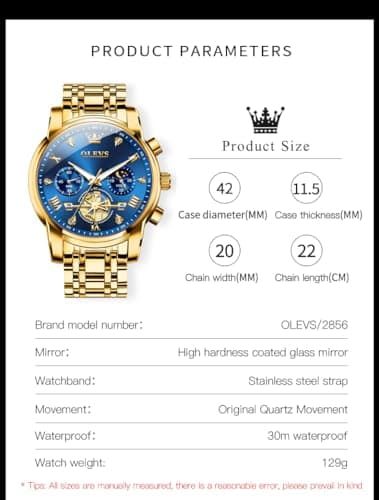OLEVS Gold Mens Watch Blue Face Classic Luxury Fancy Nice Dress Watch Men Big Dial Date Stainless Steel Water Resistant Quartz Analog Men's Wrist Watches Moon Phase Skeleton Relojes De Hombre — view 5