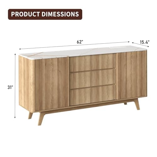 62" W Fluted Buffet Cabinet with Sliding Doors, Modern Sideboard Storage Cabinet with Power Outlet & 3 Drawers, Mid-Century Coffee Bar Table for Living Room, Dinning Room, Natural