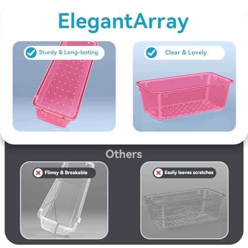ElegantArray 12 PCS Drawer Organizer Set, 4 Sizes Tool Storage Trays, Clear Plastic Makeup Vanity Organizer and Storage Bins for Stationeries, Multiple Gadgets for Office, Bedroom, Pink