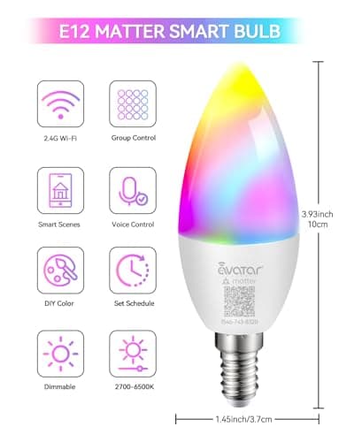 Matter E12 Smart Bulb, No Extra App Needed! RGBCW WiFi Bulb Compatible with Apple Home/Siri, Alexa & Google. Timer & Group Control, Perfect for Bedroom/Living Room Lamps, Candelabra Base